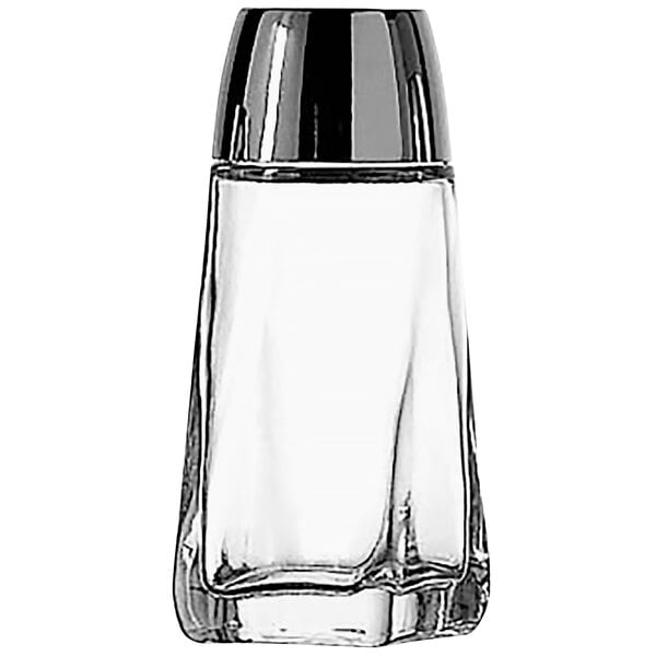 A clear glass Anchor Hocking salt shaker with a silver lid.