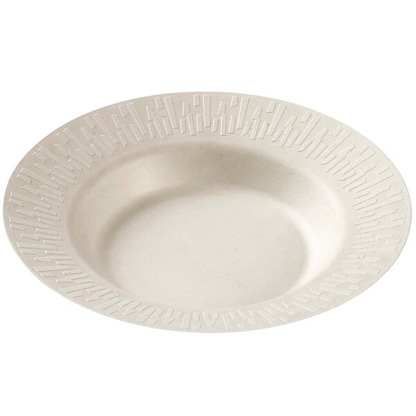 A Solia white round sugarcane deep plate with a pattern on it.
