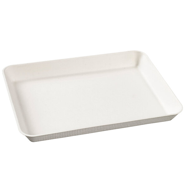 A white rectangular Solia sugarcane plate with a handle.