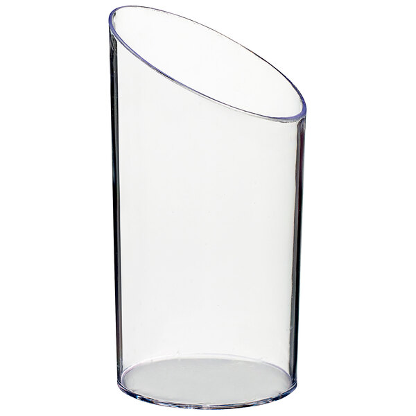 A clear glass cylinder with a curved edge.