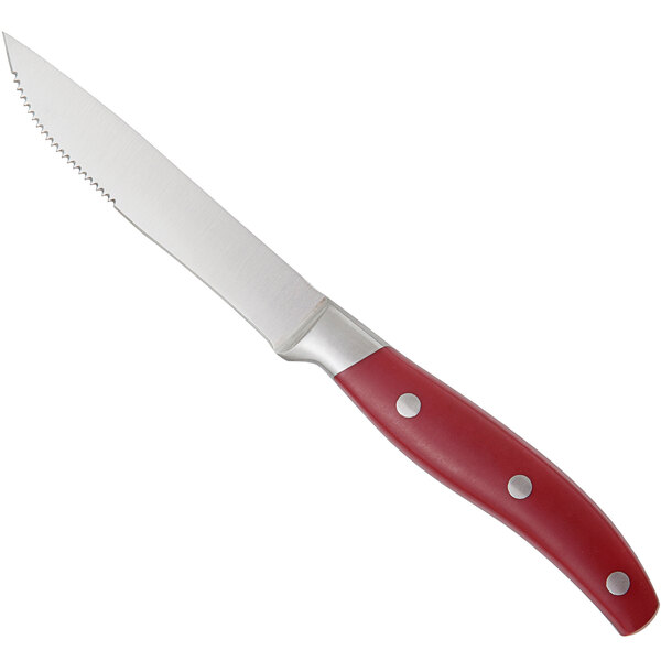 A Fortessa steak knife with a serrated edge and a matte red acrylic handle.