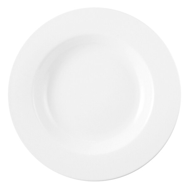 A Chef & Sommelier white china plate with a round edge and white rim.