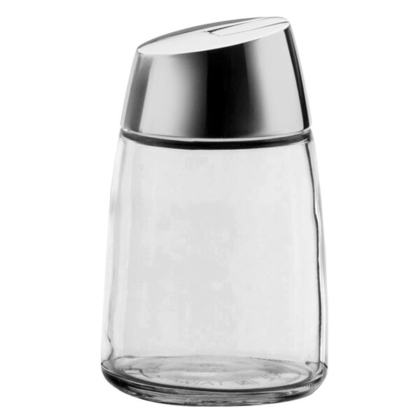 A clear glass sugar pourer with a chrome-plated top.