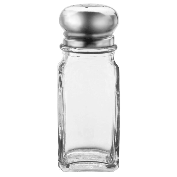 A clear glass Vollrath square salt shaker with a stainless steel top.