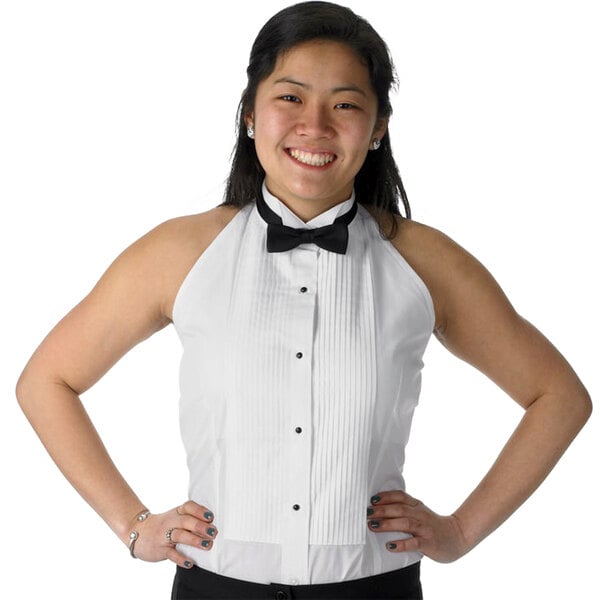 A woman wearing a Henry Segal white tuxedo shirt with a wing tip collar and bow tie.