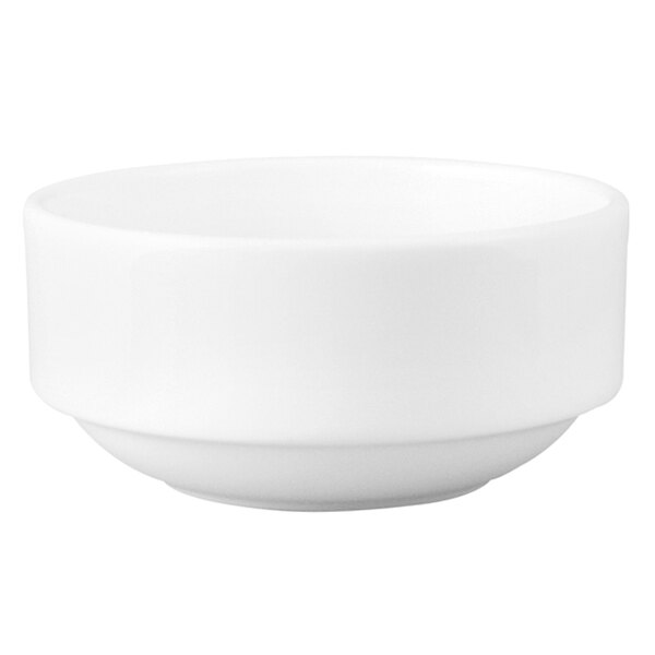 A stack of white Chef & Sommelier continental bowls with a rolled edge.