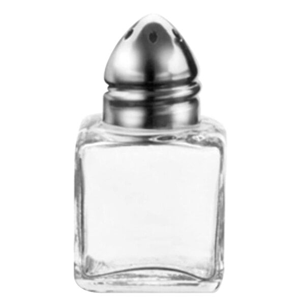 A Vollrath glass salt shaker with a silver lid.