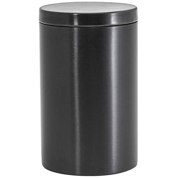 A Room360 round matte black stainless steel canister with a lid.