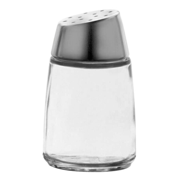 A Vollrath glass salt shaker with a silver top.