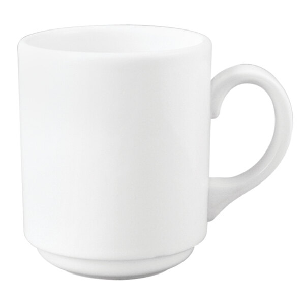 A close-up of a white Chef & Sommelier Hudson mug with a white handle.