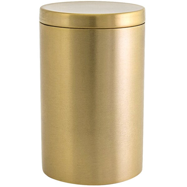 A Room360 gold stainless steel canister with a lid.