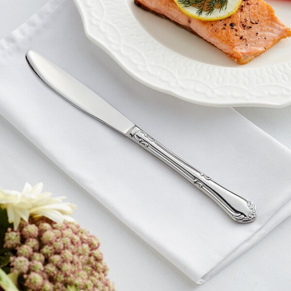 An Acopa stainless steel dinner knife on a white plate with a piece of salmon, dill, and lemon slices.