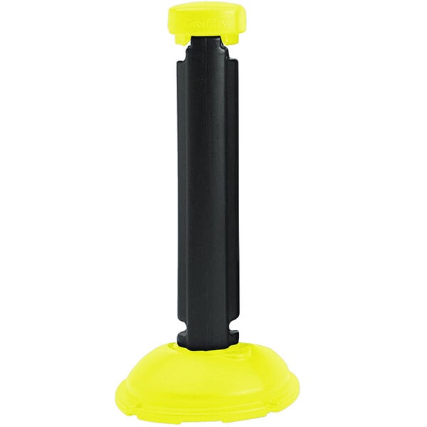 A black rectangular Grosfillex fence post base with black and yellow accents.