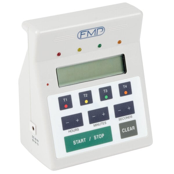 A white electronic FMP 4 channel kitchen timer with buttons and a screen.