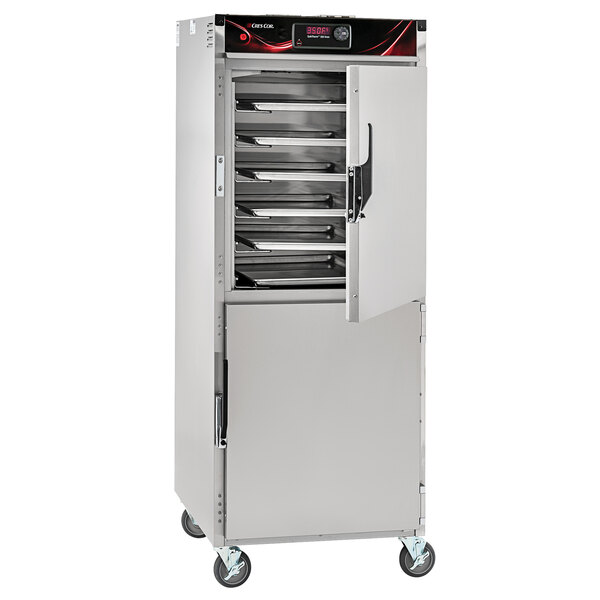 A stainless steel Cres Cor commercial convection oven with a door open.
