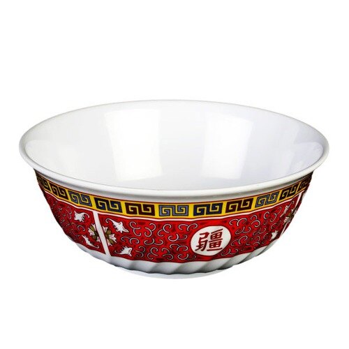 A white melamine bowl with a red Chinese design on it.