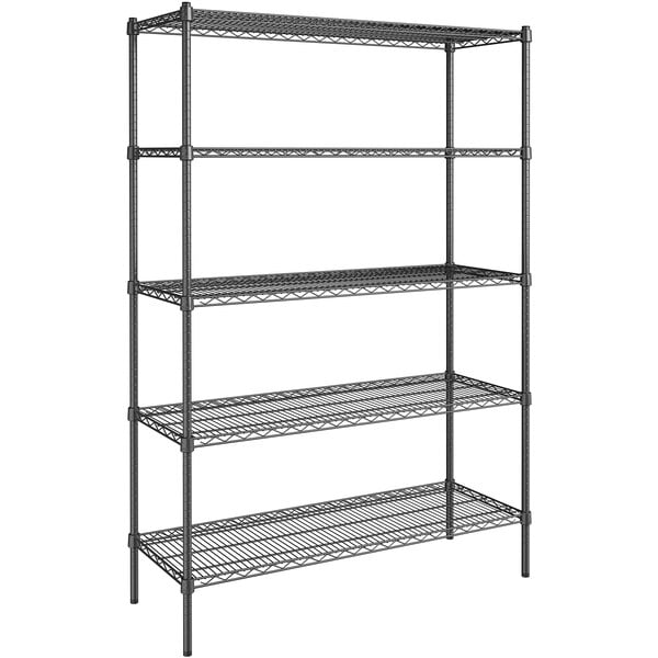 A Steelton black wire shelving kit with 5 shelves and black metal posts.