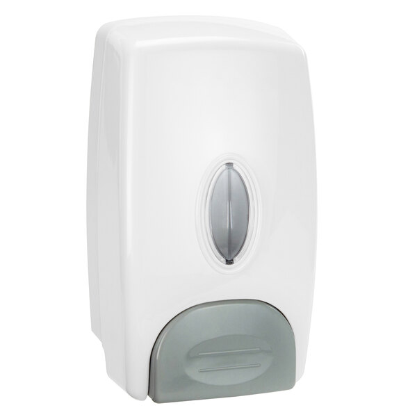 A white Thunder Group manual hand soap dispenser with a grey oval button.