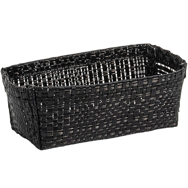 A black woven vinyl bread basket with a black random weave pattern.