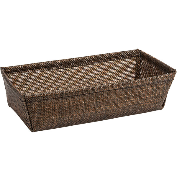 A copper mesh woven vinyl basket with a white background.