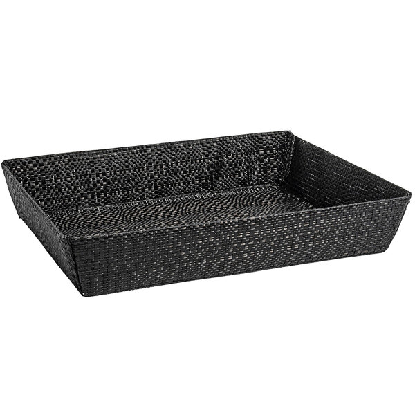 A black rectangular woven vinyl basket with a handle.