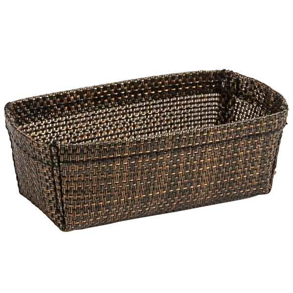 A brown basket made of copper mesh with a white background.