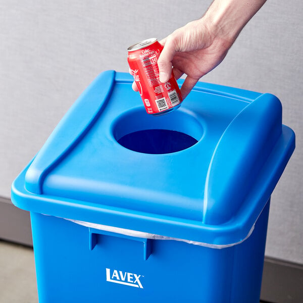 Lavex 19 / 23 Gallon Blue Square Recycle Bin Lid with Bottle / Can Hole