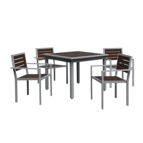 A Wabash Valley Green Valley PolyTuf dining chair with a powder-coated aluminum frame on a table with more chairs and a white background.
