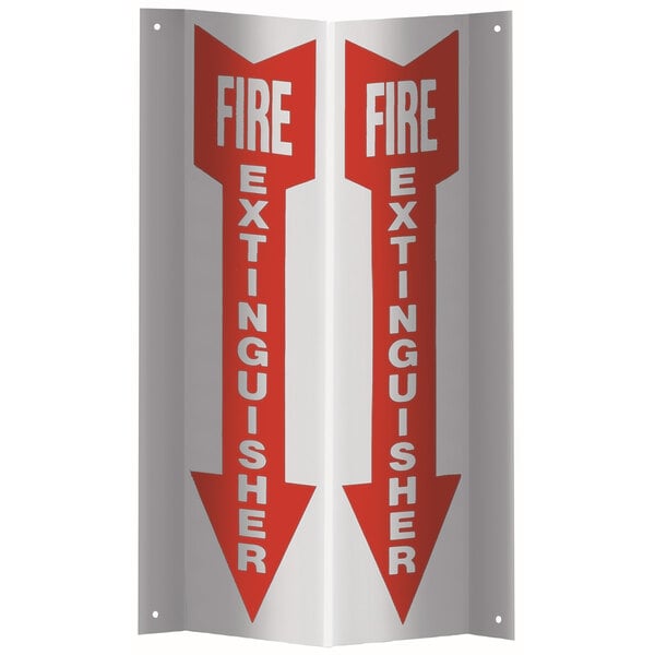 A red and white JL Industries plastic fire extinguisher sign with arrows pointing to the side.