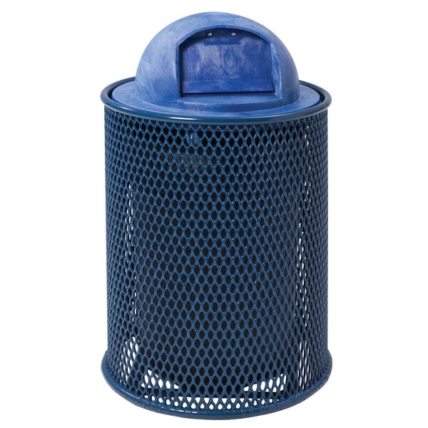A blue Wabash Valley round steel mesh trash receptacle with a blue lid.