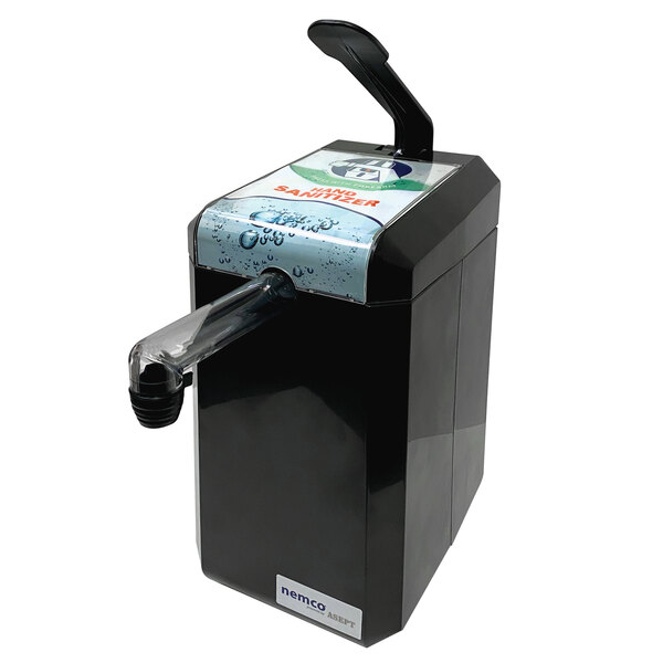 A black Nemco HyGenie manual hand sanitizer dispenser.