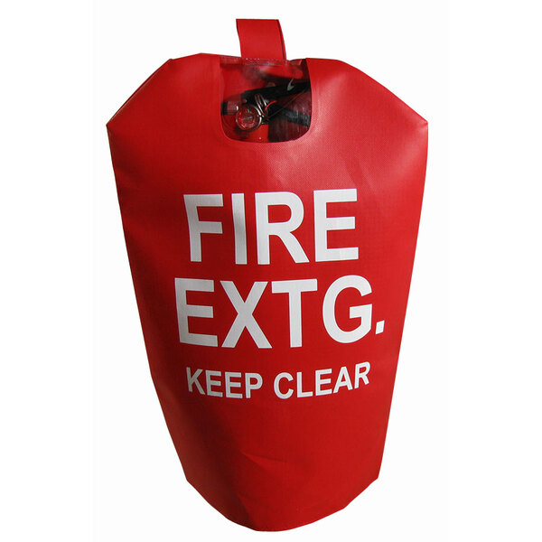 A red fire extinguisher cover with white text and a clear window.