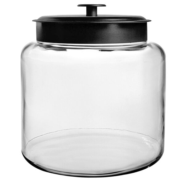 An Anchor Hocking glass jar with a black lid.