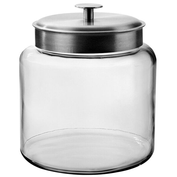 An Anchor Hocking Montana clear glass jar with a metal lid.