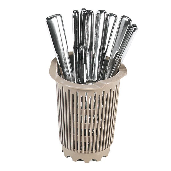 A beige plastic Vollrath flatware cylinder full of knives.