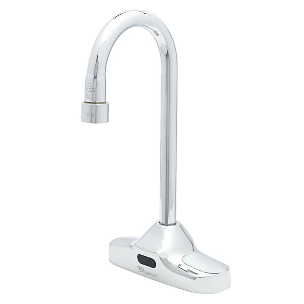 A silver T&S deck-mounted sensor faucet with a gooseneck spout.