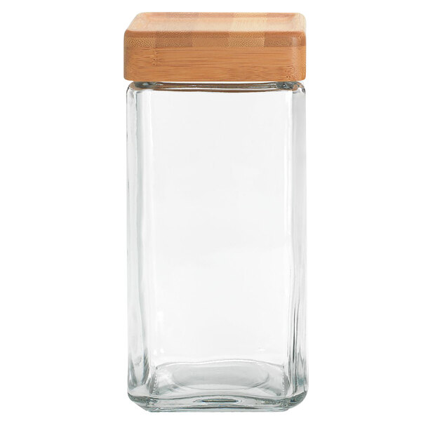 An Anchor Hocking glass jar with a bamboo lid.