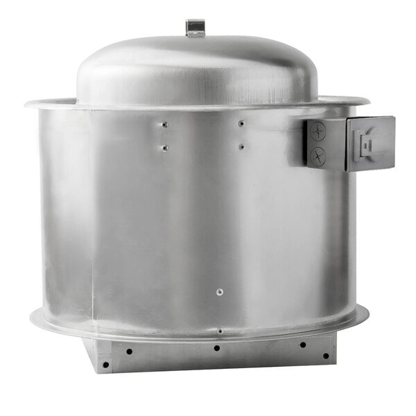 A stainless steel NAKS centrifugal upblast exhaust fan with a metal cover.