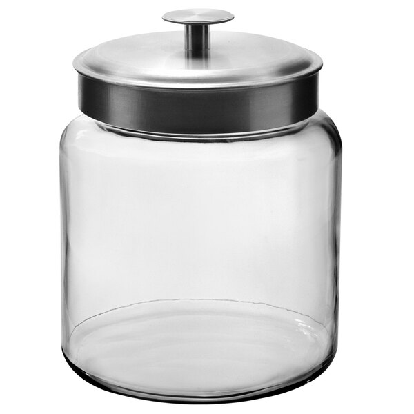 An Anchor Hocking glass jar with a metal lid.