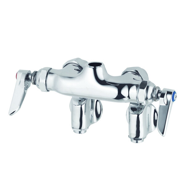 A chrome plated T&S wall mounted pantry faucet base with two handles.