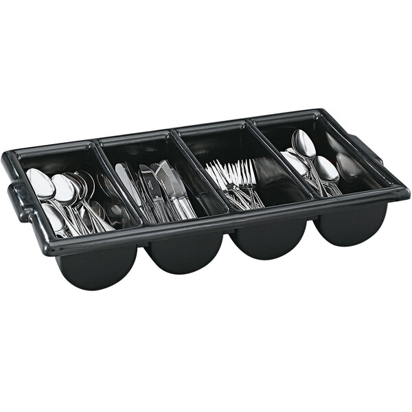 A black container with four compartments holding silverware.