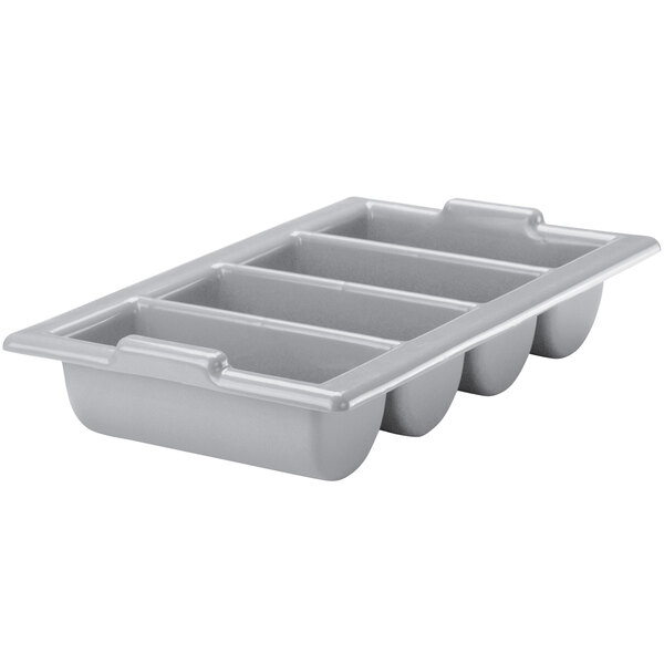 A grey rectangular plastic tray with four compartments.