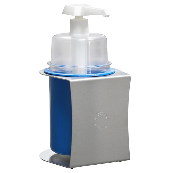 A blue and silver Steril-Sil hand sanitizer dispenser with a blue lid.