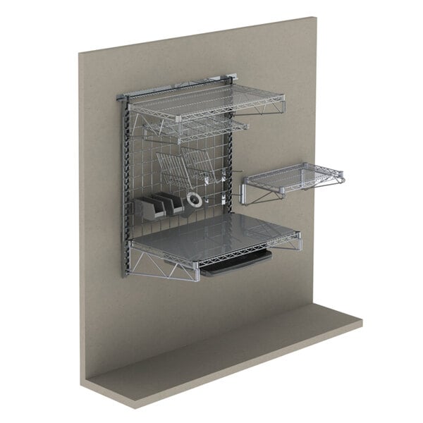 A Metro SmartWall manager's station with a wire shelf and metal racks.