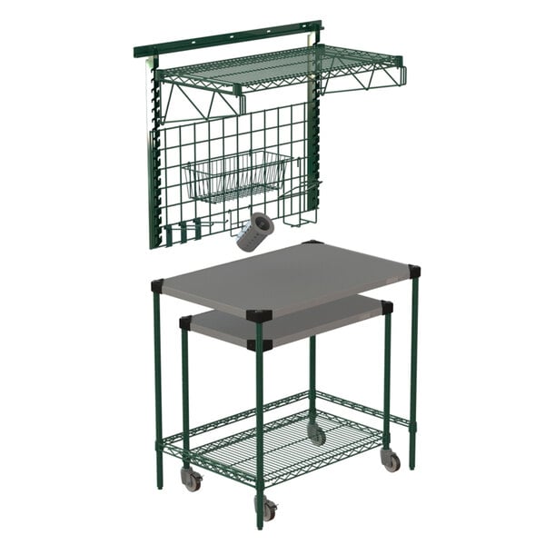 A grey and green Metro prep station with SmartWall shelf and cart.