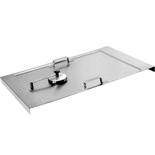 A Cleveland SCL10 rectangular stainless steel lid with a metal handle.