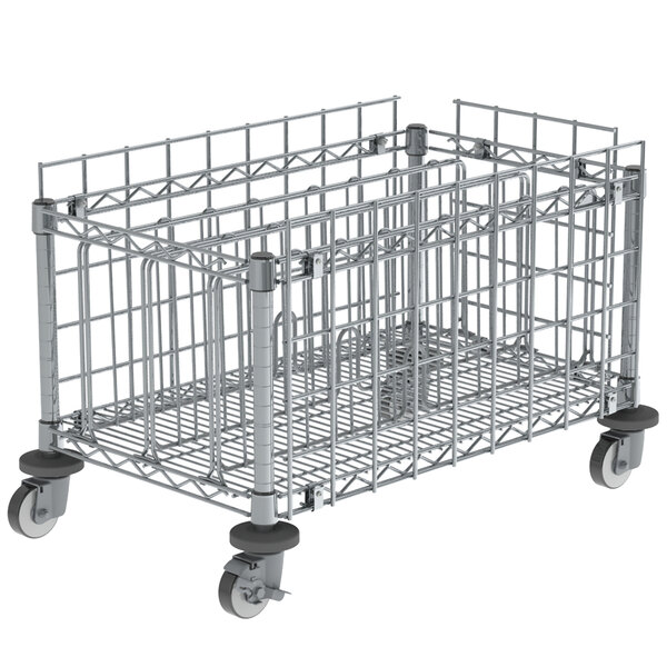 A white Metro wire undercounter cup storage cart with wheels and a cage.