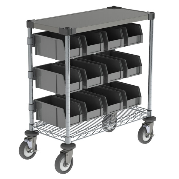 A grey stainless steel Metro condiment cart with bins on it.