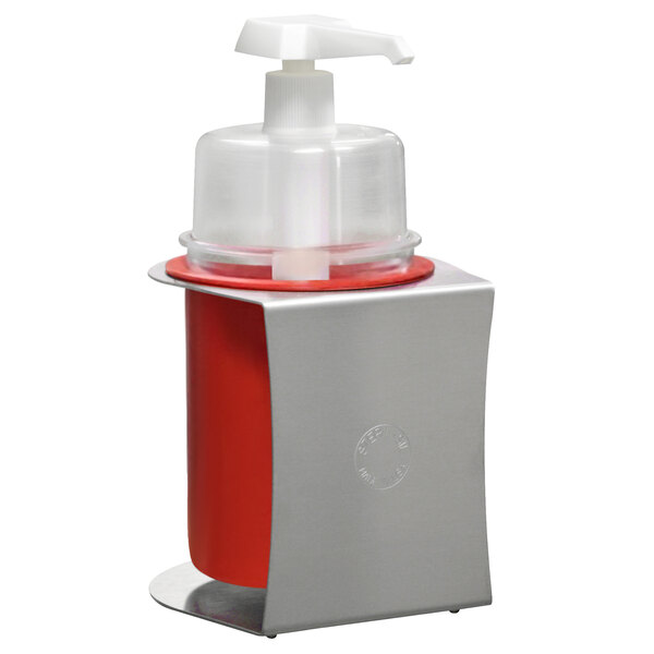 A red and silver Steril-Sil hand sanitizer dispenser with a white pump and lid.