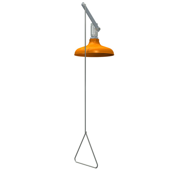 A metal pole with an orange lamp hanging from a wire.